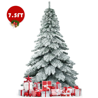 7.5FT Snow Flocked Artificial Christmas Tree Hinged Alaskan Pine Decoration