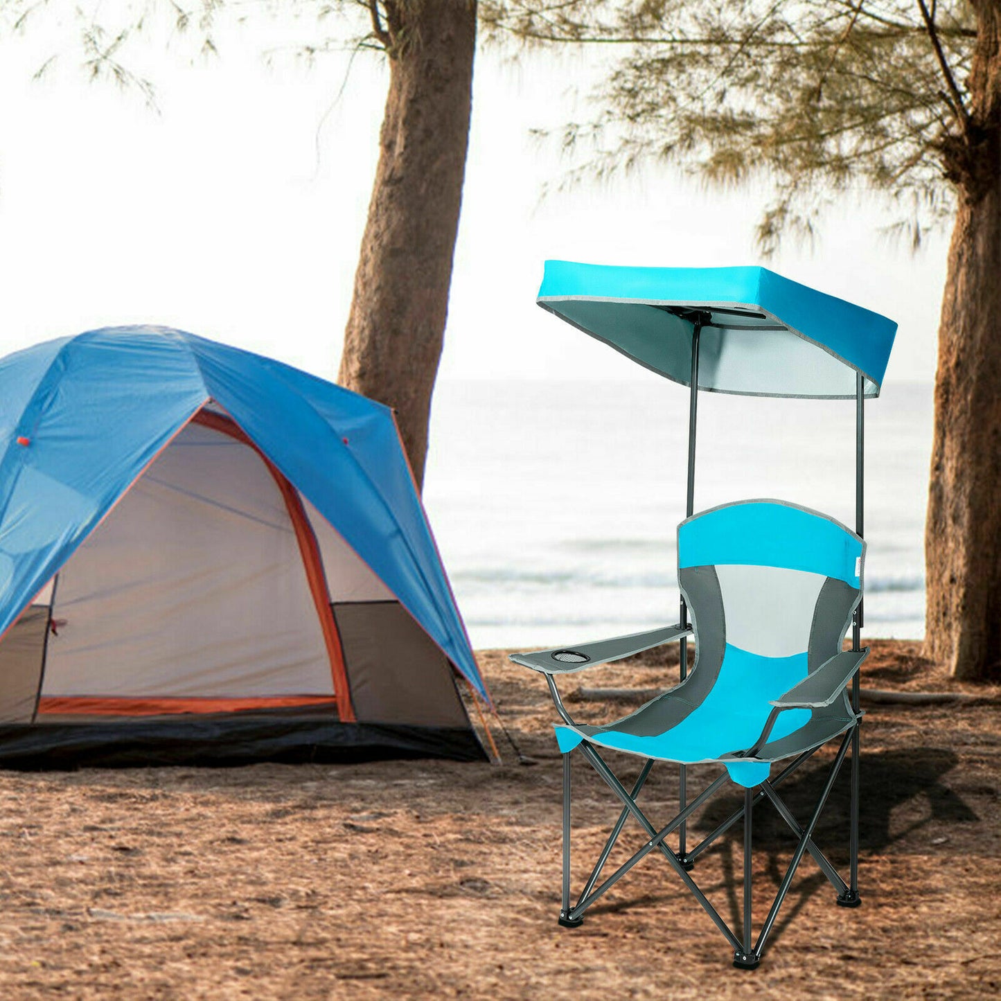Folding Camping Chair with Canopy & Cup Holder-Blue