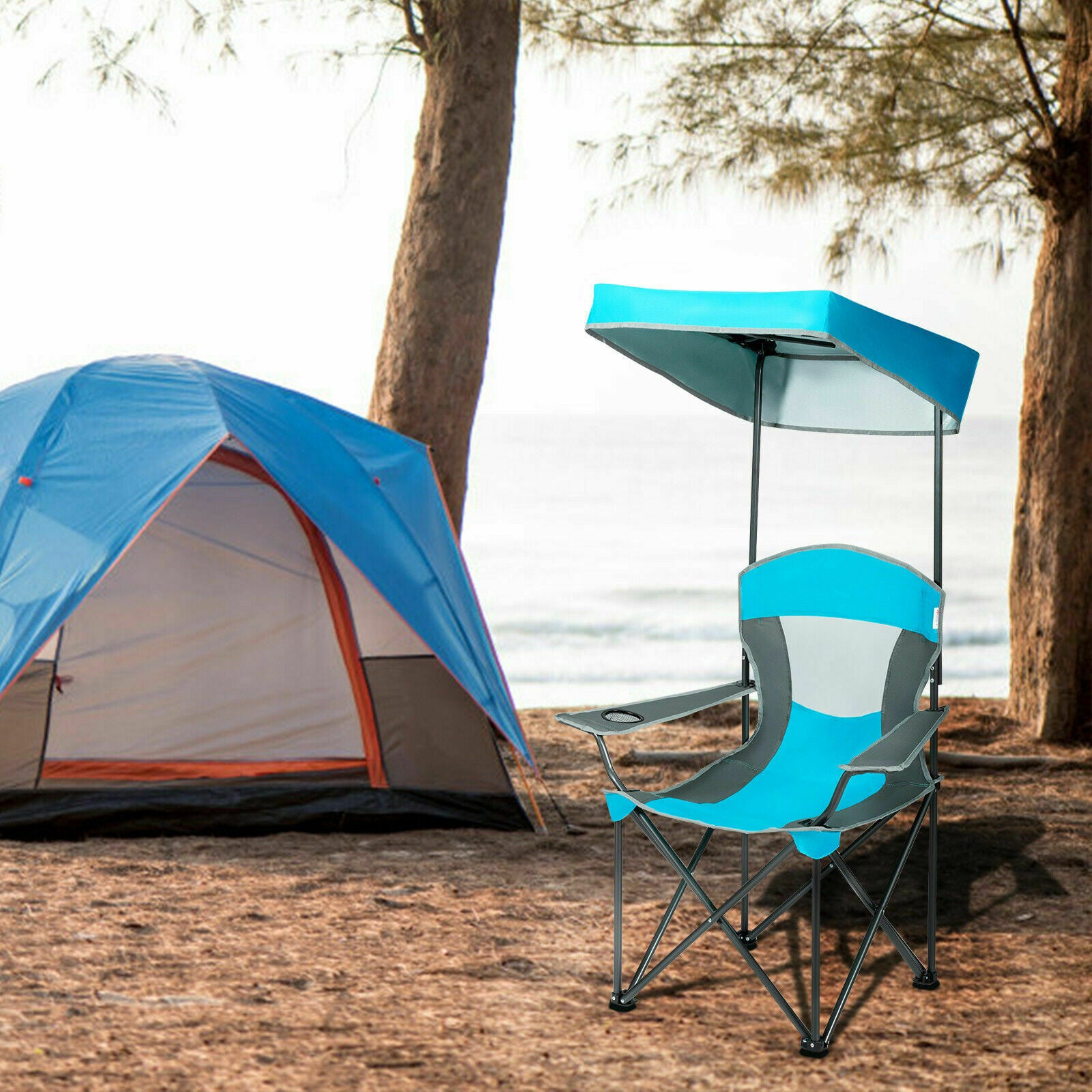 Folding Camping Chair with Canopy & Cup Holder-Blue