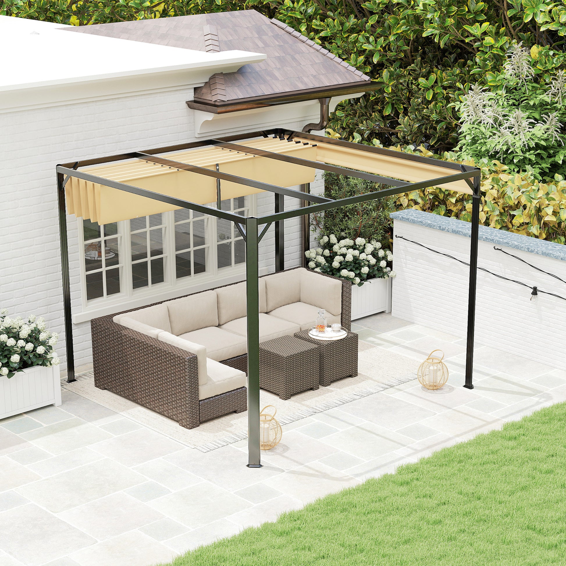 Outsunny 3 x 3m Aluminium Pergola, with Retractable Roof and Wall - Khaki