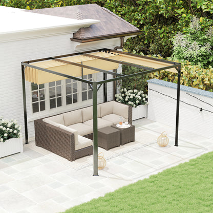 Outsunny 3 x 3m Aluminium Pergola, with Retractable Roof and Wall - Khaki
