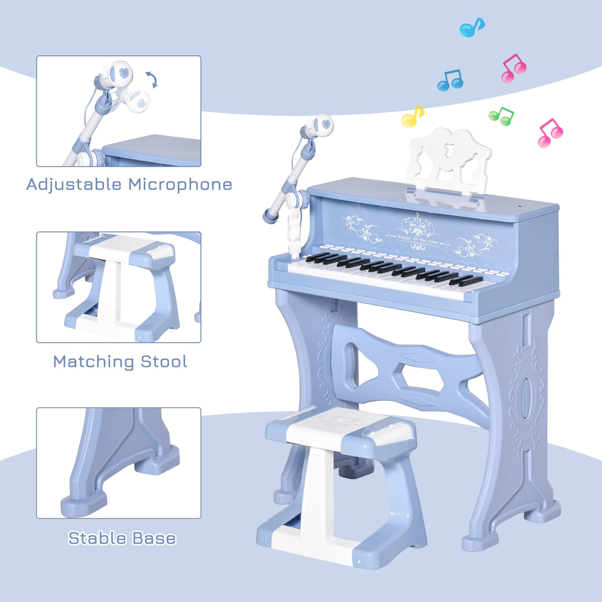 HOMCOM 37 Keys Mini Electronic Keyboard Light Kids Musical Instrument Educational Game Children Grand Piano Toy Set w/Stool & Microphone & Music Blue