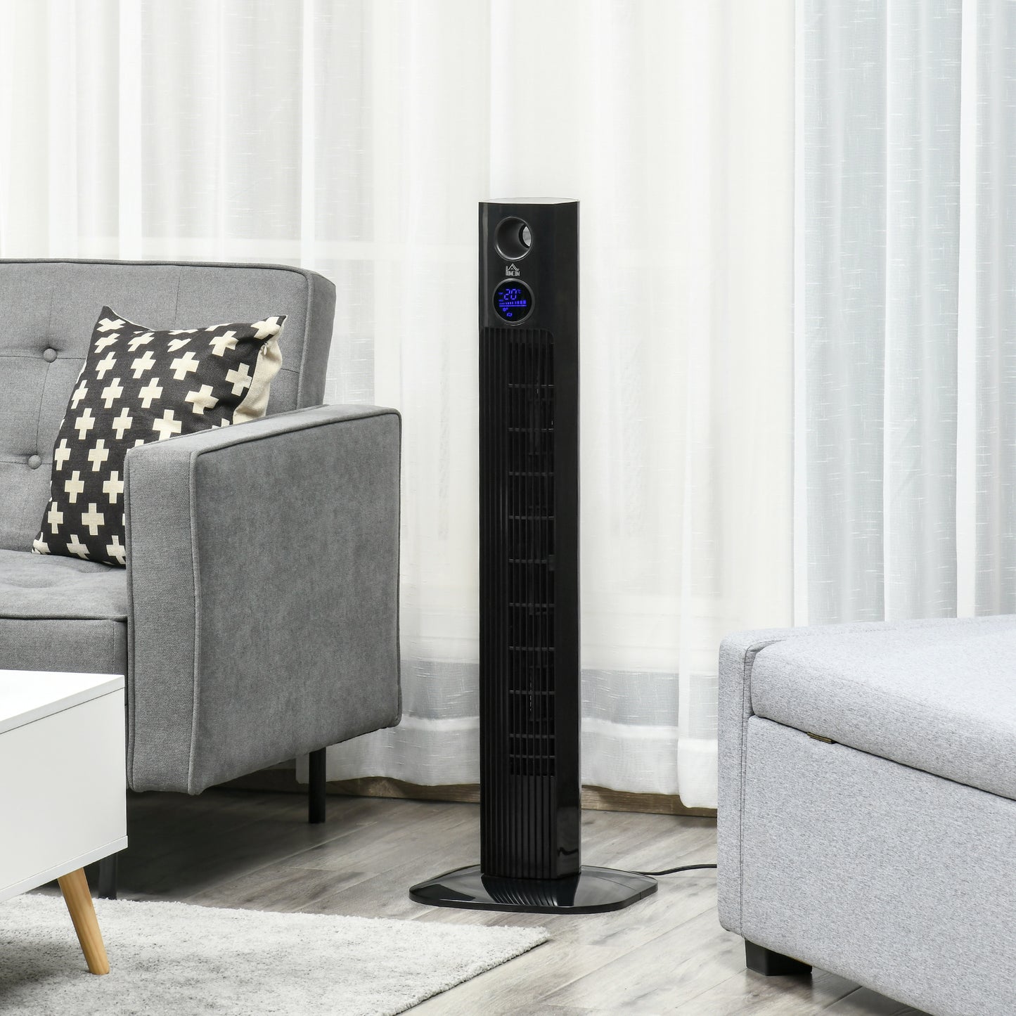 HOMCOM 38" Electric Fan Fan Cooling with Aroma Function, Oscillating, 12h Timer, LED Sensor Panel, Remote Controller, Black