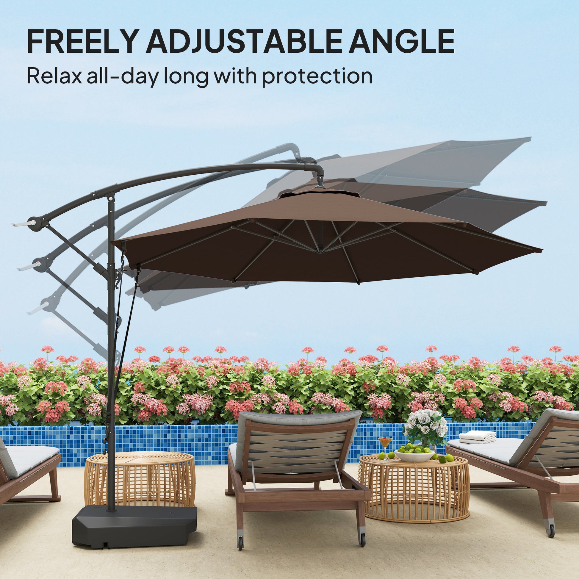 Outsunny 3(m) Garden Cantilever Parasol with Fillable Base up to 90kg, Wind Protection Strap, Cover, Round Banana Hanging Umbrella with Crank Handle and Tilt, UPF50+ Patio Umbrella, Brown