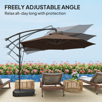 Outsunny 3(m) Garden Cantilever Parasol with Fillable Base up to 90kg, Wind Protection Strap, Cover, Round Banana Hanging Umbrella with Crank Handle and Tilt, UPF50+ Patio Umbrella, Brown