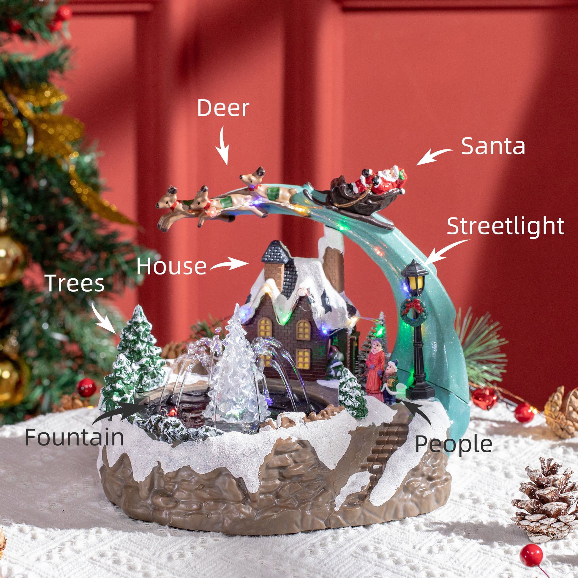 HOMCOM Fountain Christmas Village, Santa and Deer Animated Winter Wonderland Set with Multicoloured LED Light, Plug-In Christmas Decoration