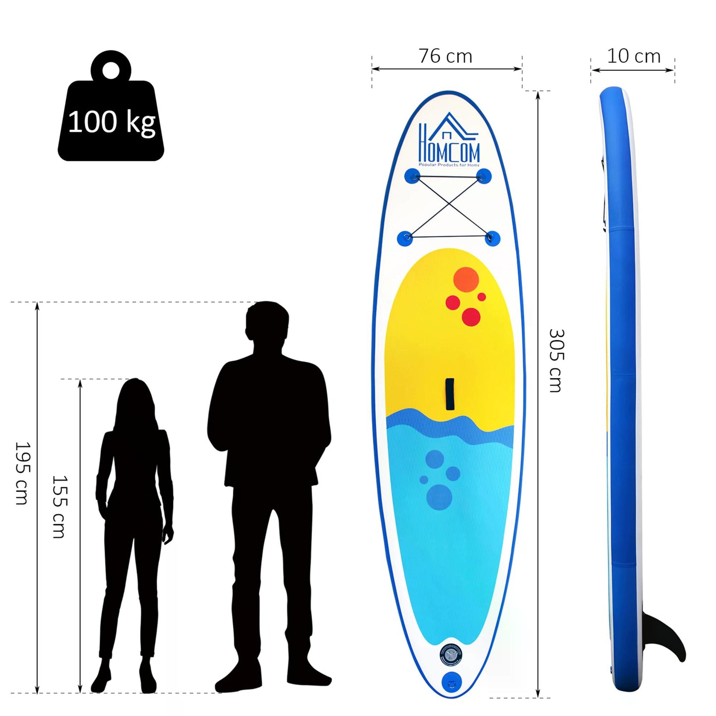 HOMCOM Inflatable Paddle Stand Up Board, Adjustable Aluminium Paddle Non-Slip Deck Board with ISUP Accessories & Carry Bag, 305L x 76W x 10H cm -Blue