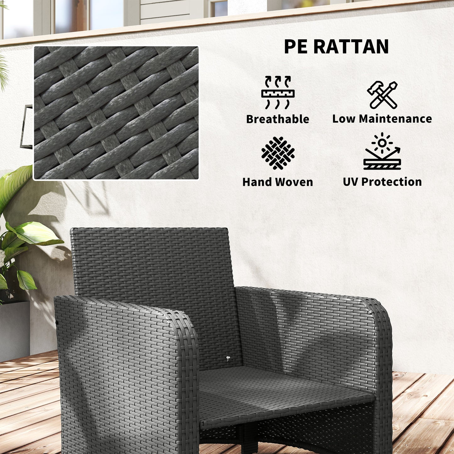 Outsunny Five Piece Rattan Garden Furniture Set with 2-Tier Coffee Table and Ottomans - Grey