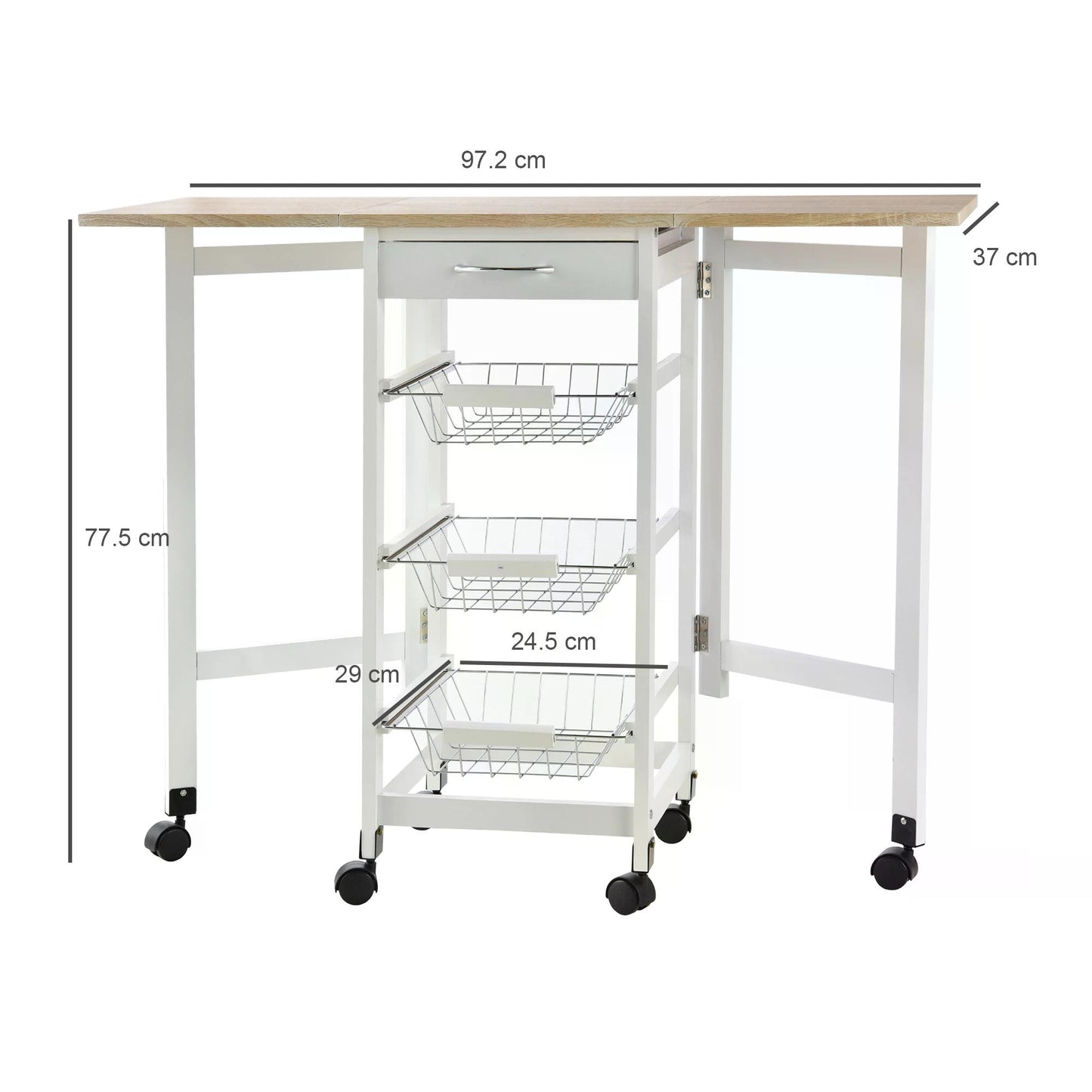 HOMCOM Drop-Leaf Kitchen Trolley w/ 3 Baskets Drawer Surface Top 6 Wheels Rolling Storage Unit Kitchen Home Dining Cart White Oak Tone