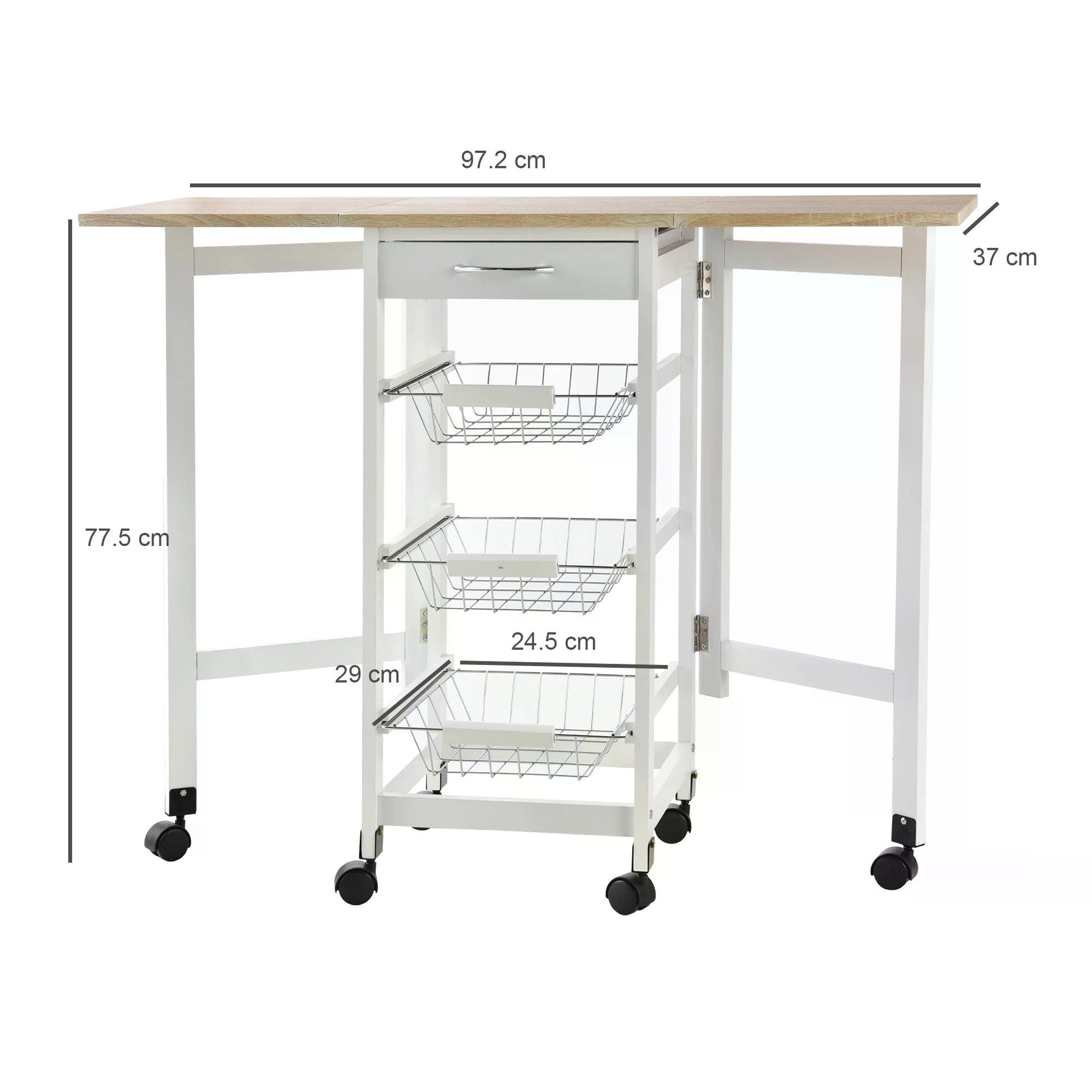 HOMCOM Drop-Leaf Kitchen Trolley w/ 3 Baskets Drawer Surface Top 6 Wheels Rolling Storage Unit Kitchen Home Dining Cart White Oak Tone