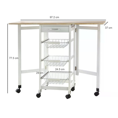 HOMCOM Drop-Leaf Kitchen Trolley w/ 3 Baskets Drawer Surface Top 6 Wheels Rolling Storage Unit Kitchen Home Dining Cart White Oak Tone
