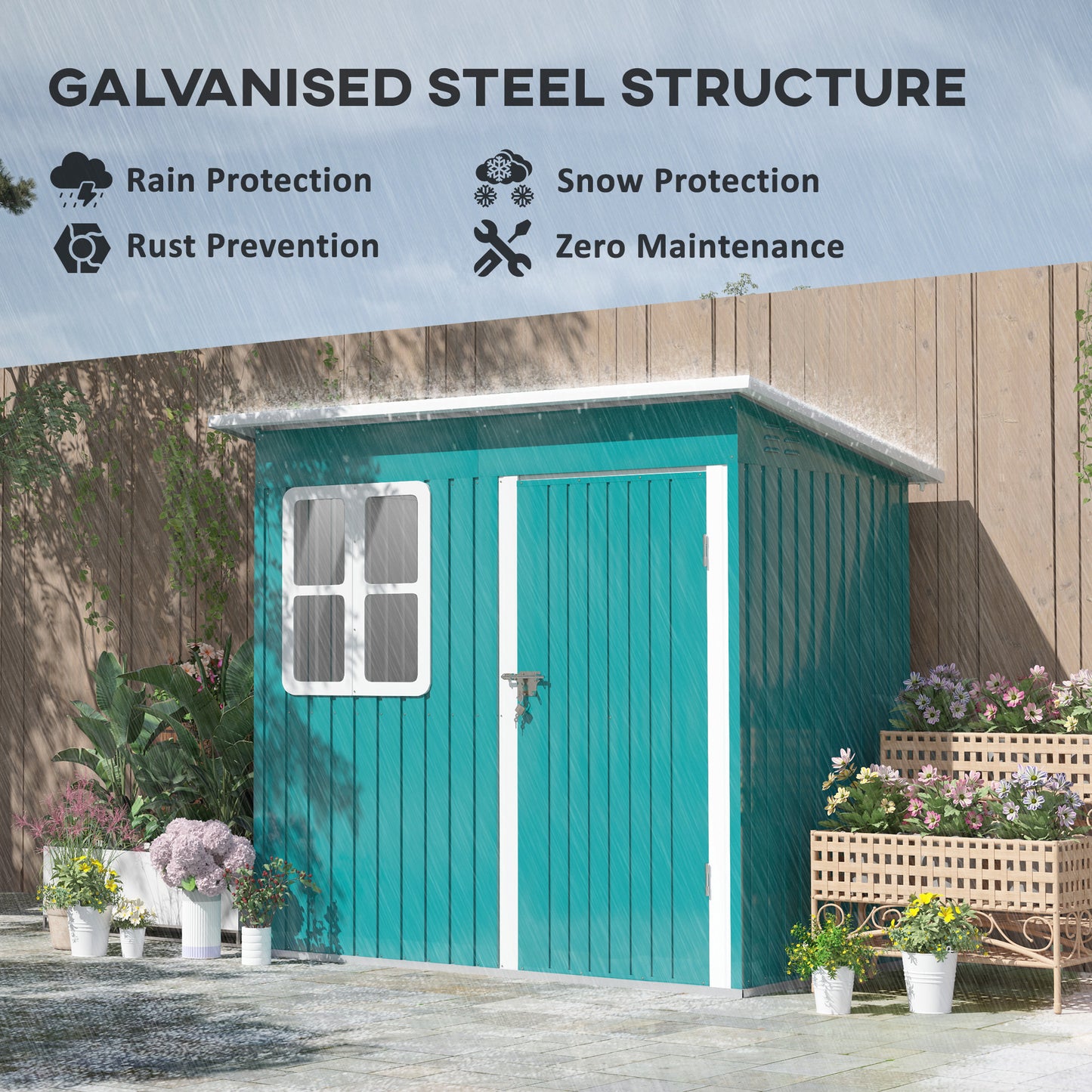 Outsunny 7 x 4ft Galvanised Steel Garden Shed, with Lock and Gloves - Green
