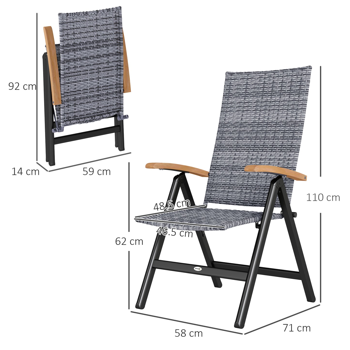 Outsunny Outdoor Folding Rattan Chair with Armrests, High Backrest, for Garden, Camping, Balcony, Porch - Light Grey