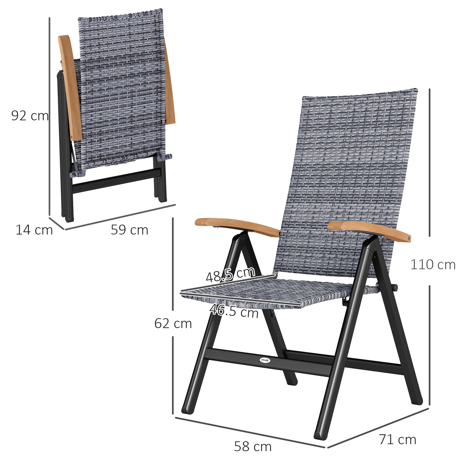 Outsunny Outdoor Folding Rattan Chair with Armrests, High Backrest, for Garden, Camping, Balcony, Porch - Light Grey