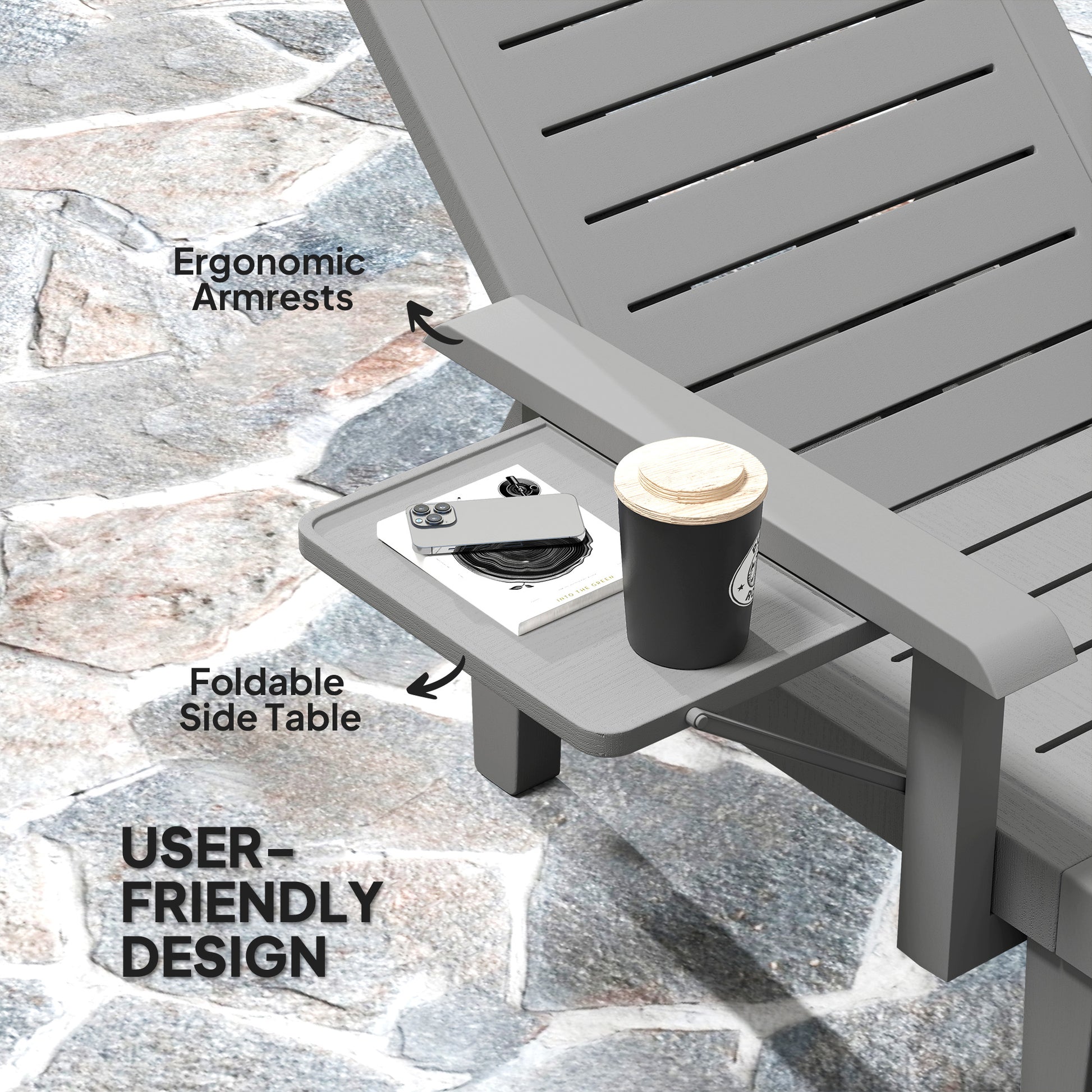 Outsunny Set of 2 Resin Reclining Sun Loungers for Garden, 5 Positions Adjustable Outdoor Chaise Lounge Chairs with Wood Texture Surface, Armrests, Foldable Side Table for Garden, Beach, Dark Grey