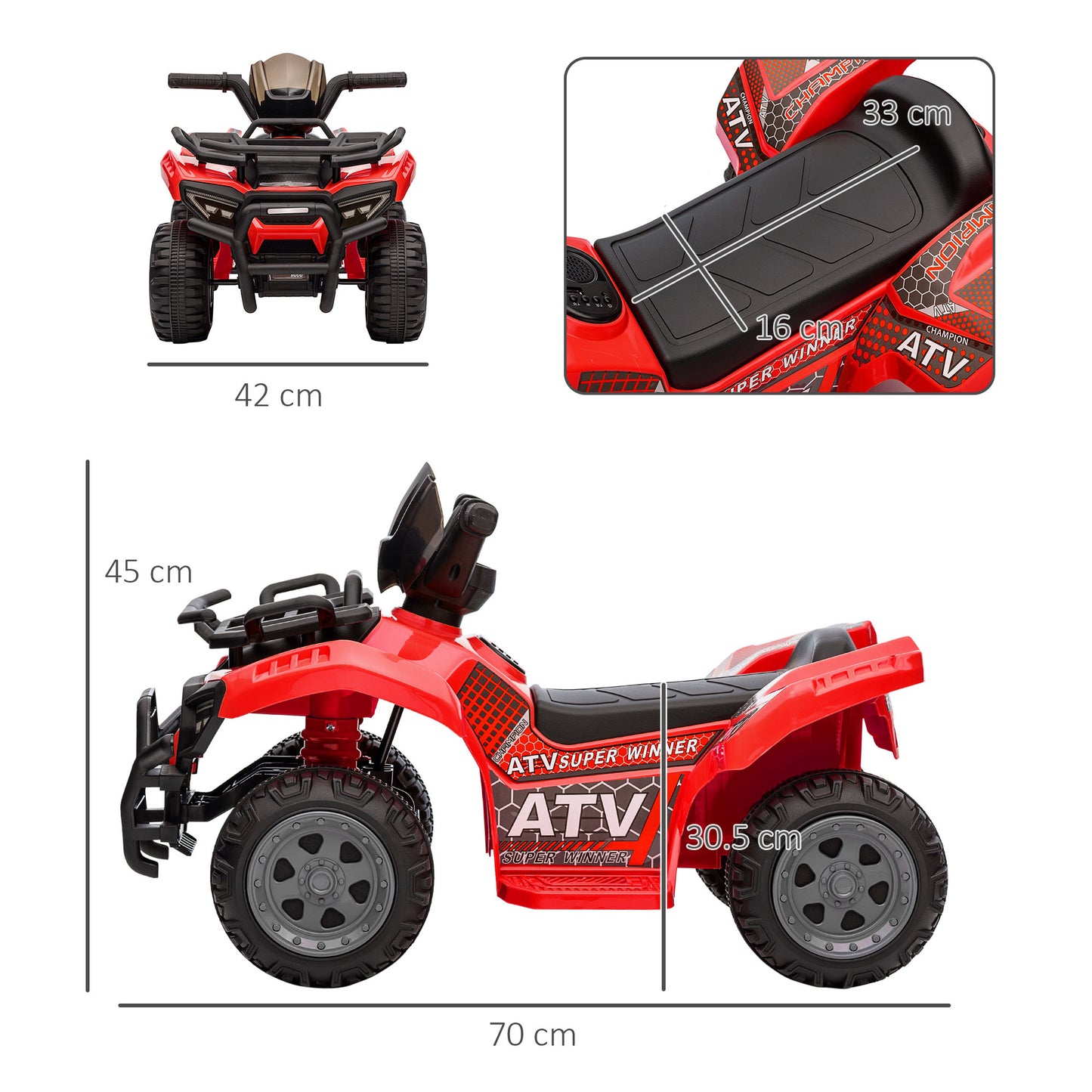 HOMCOM Kids Ride-on Four Wheeler ATV Car with Real Working Headlights, 6V Battery Powered Motorcycle for 18-36 Months, Red