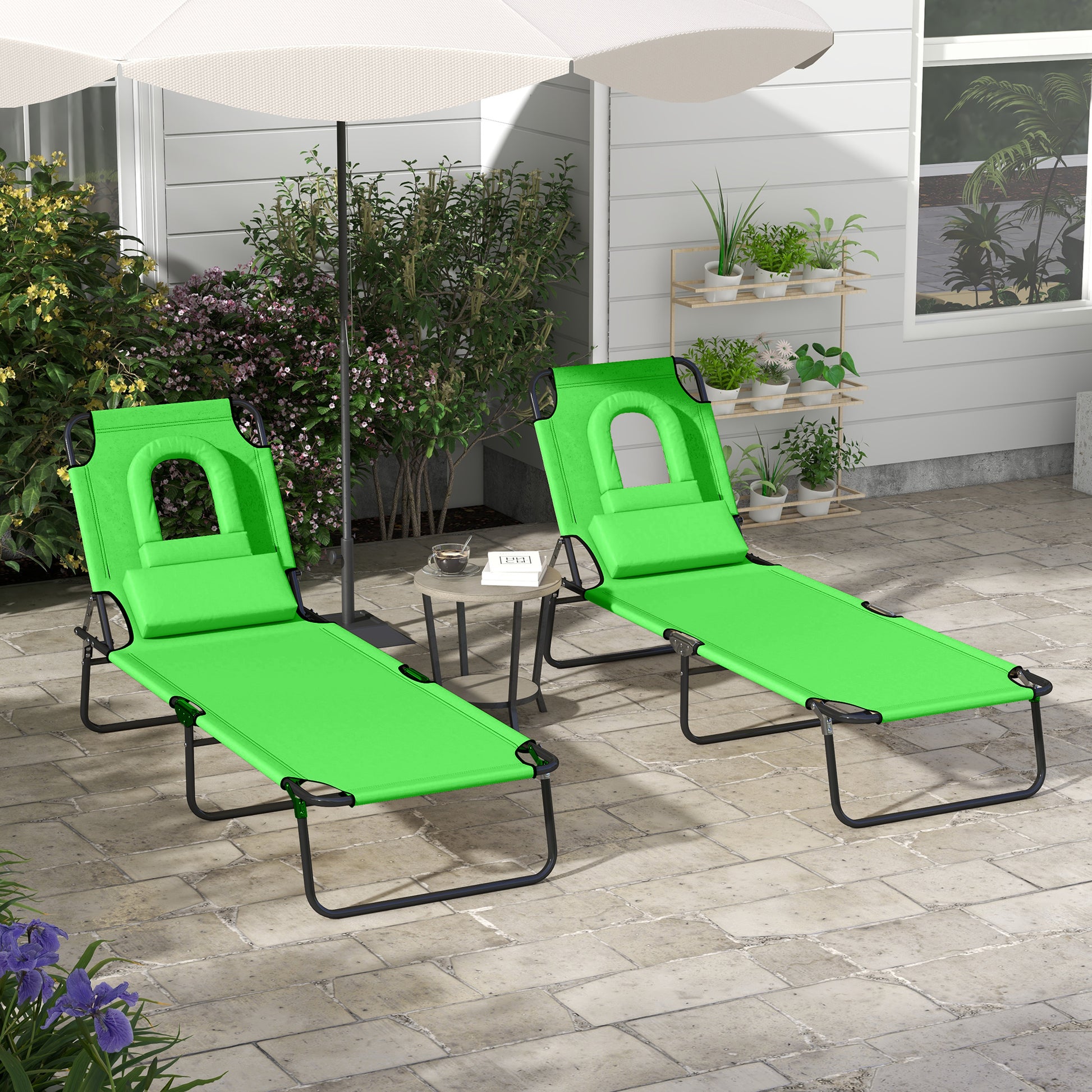 Outsunny Outdoor Folding Sun Lounger Set of 2 with Face Hole, 4 Level Adjustable Backrest Reclining Garden Lounger, Garden Recliner Sunbed with 600 D Oxford Cloth Seat and Pillow for Beach, Green