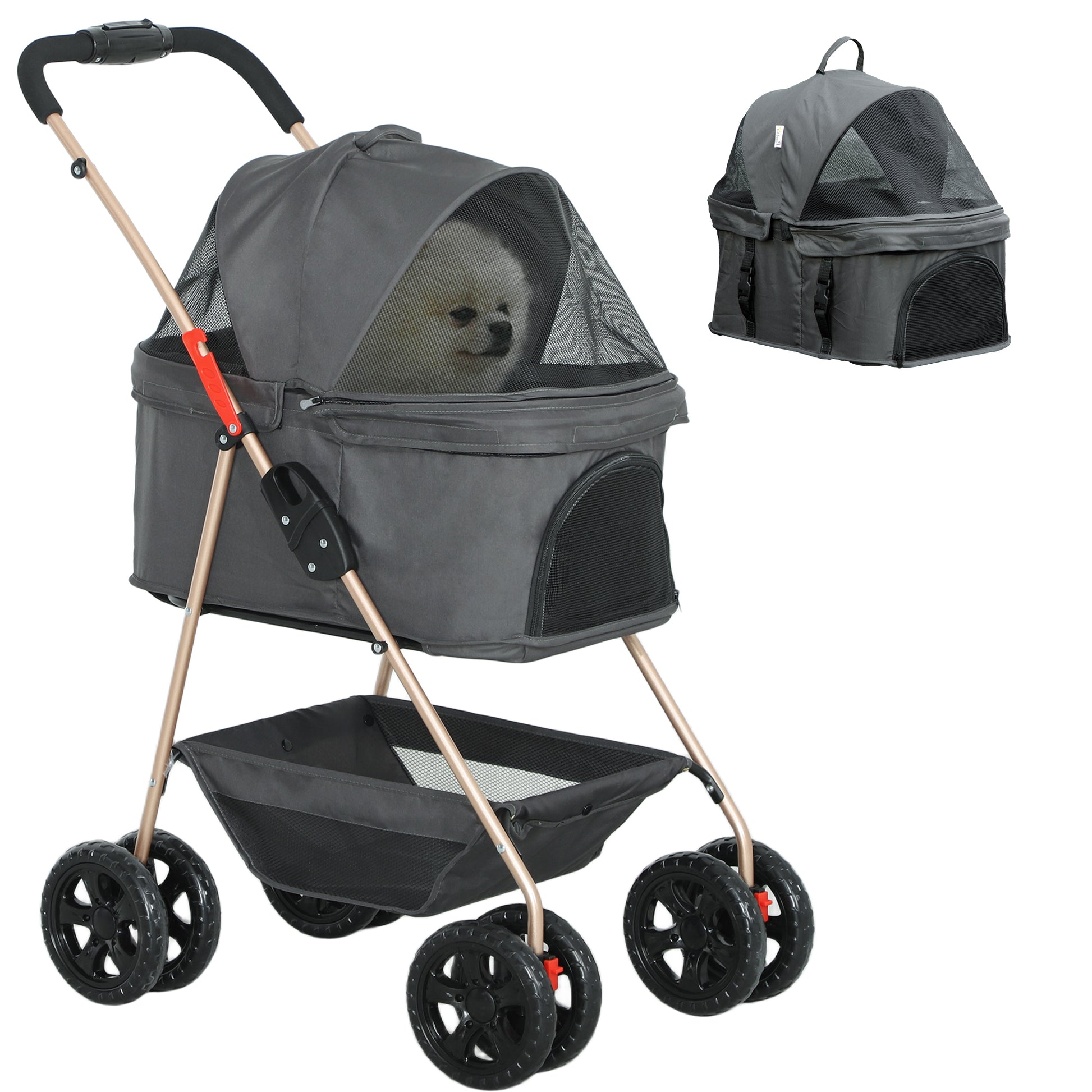 PawHut PawH 3-in-1 Pet Stroller, Folding Four-Wheel Dog Pram with Deta – GardenArch