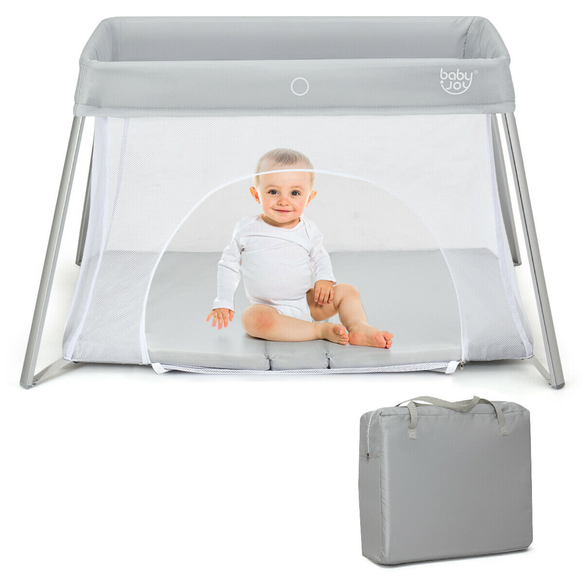 Lightweight Folding Playpen with Zipper Access Door-Silver