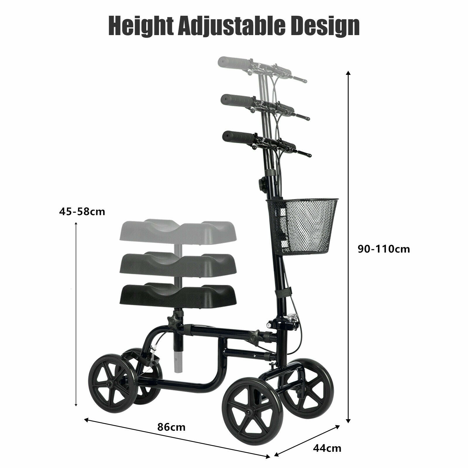 Adjustable Steerable Knee Walker Folding Scooter with Brake-Black