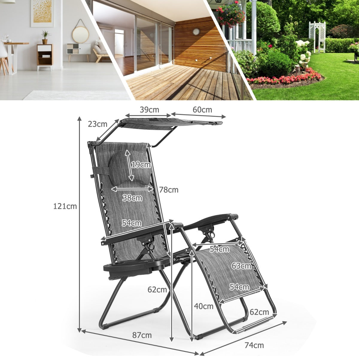 Oversized Folding Zero Gravity Recliner with Adjustable Canopy Shade-Grey