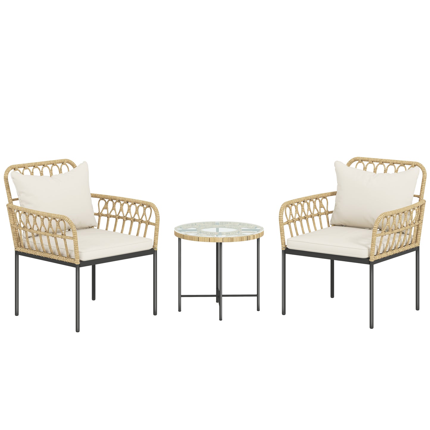 Outsunny 3 Piece Rattan Bistro Set, Wicker Garden Furniture Set with Cushions, Glass Top Coffee Table and Chairs for Outdoor, Patio, Balcony, Beige