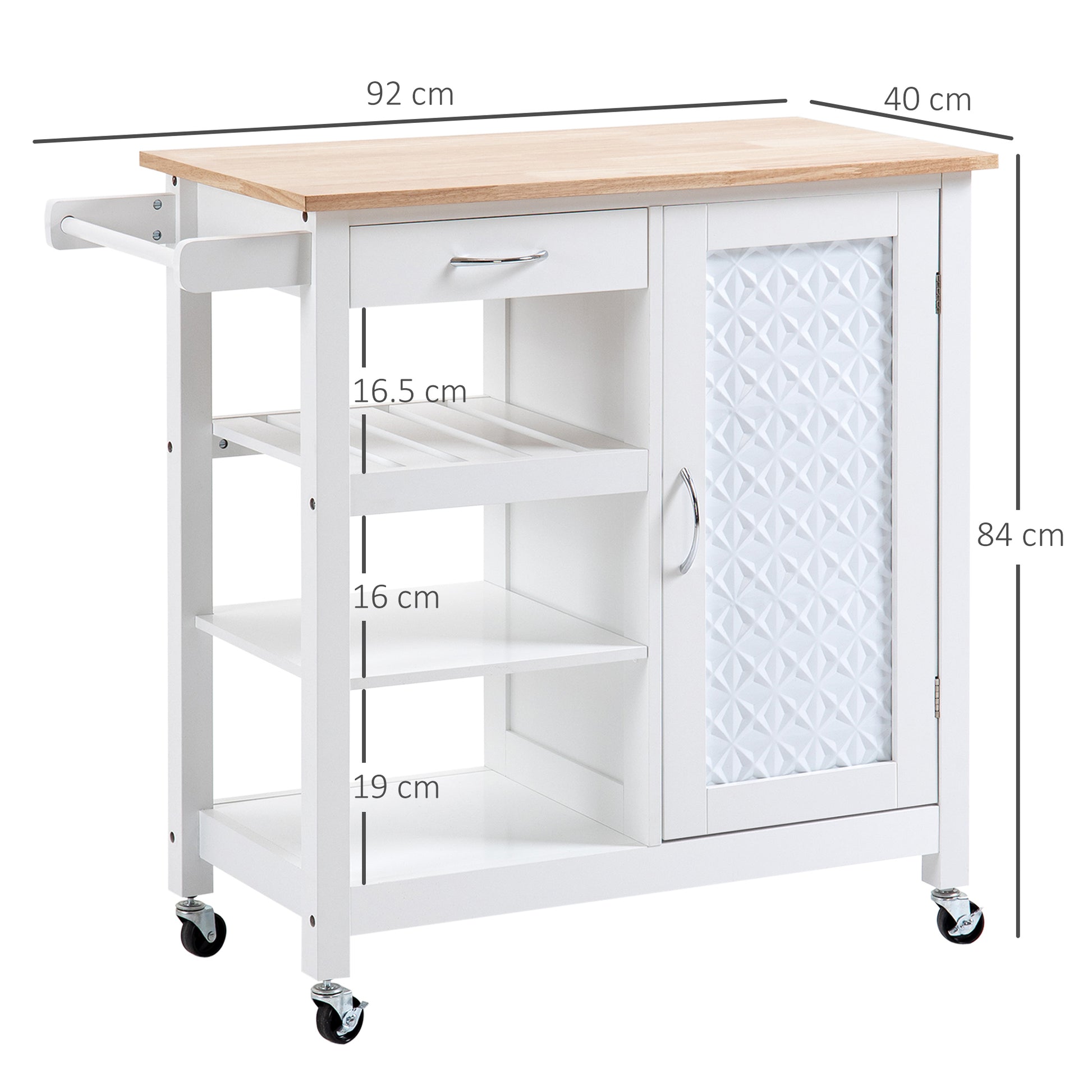 HOMCOM Kitchen Cart on Wheels with Embossed Door Panel, Utility Kitchen Island with Storage Drawer, White