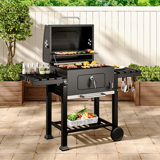 Mobile 2-layer Charcoal Grill BBQ Cooker with Side Shelves