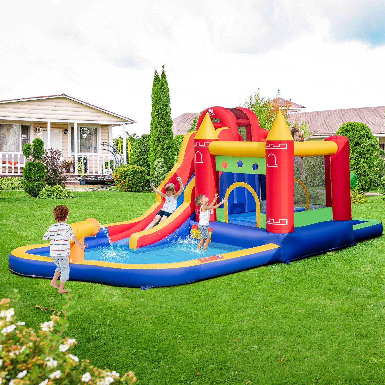 9-in-1 Inflatable Bounce Castle with Waterslide without Blower