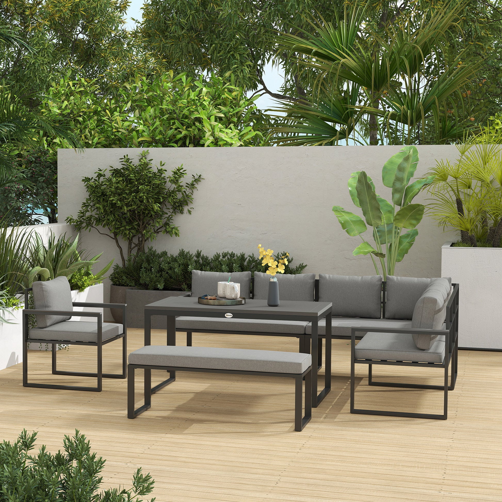 Outsunny Six Piece L Shaped Garden Furniture Set with 3 Loveseats - Grey