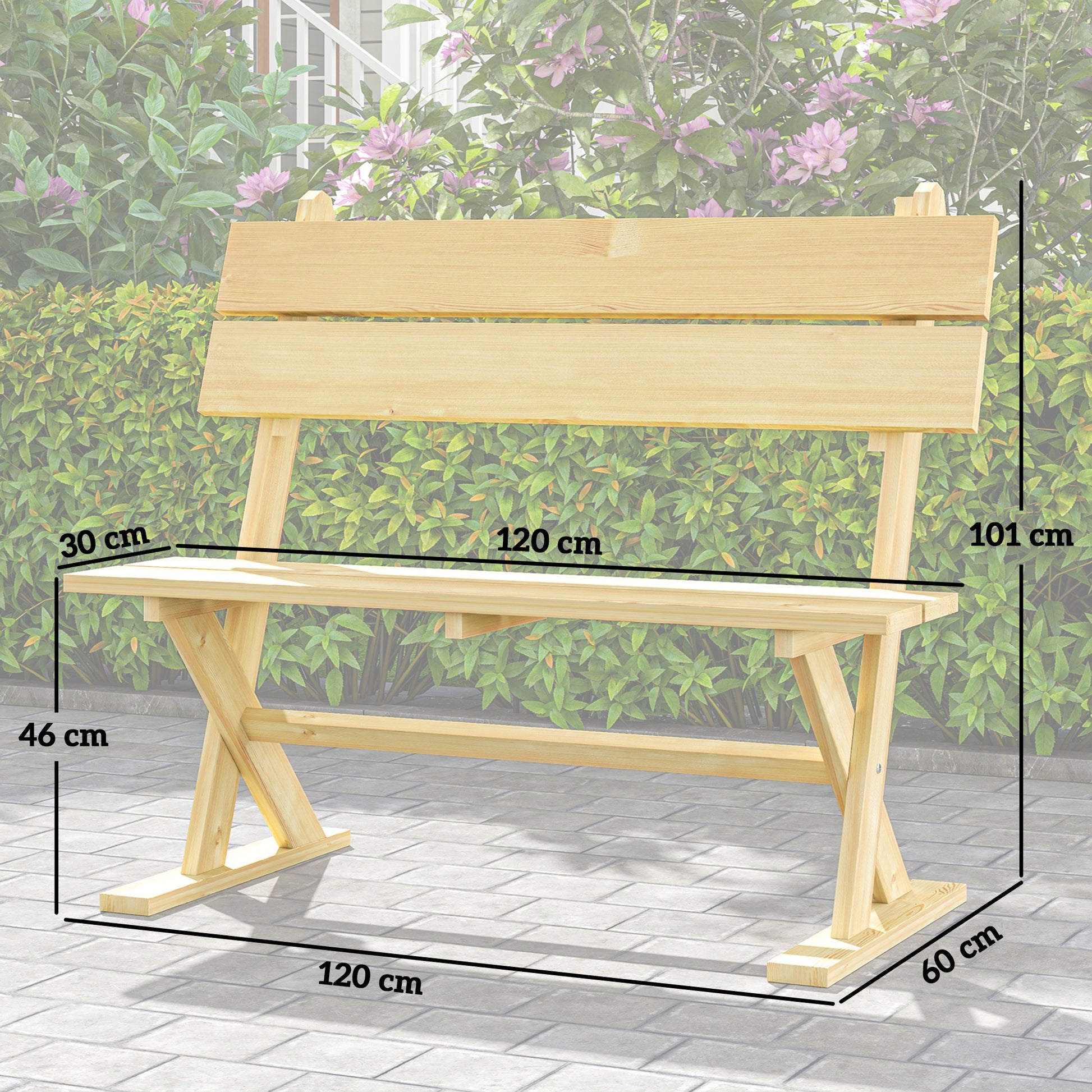 Outsunny 2 Seater Wooden Garden Bench, Fir Wood Outdoor Bench, Garden Loveseat with Slatted Seat, Sloping Back and Wide Feet for Patio, Park, Natural Wood Finish
