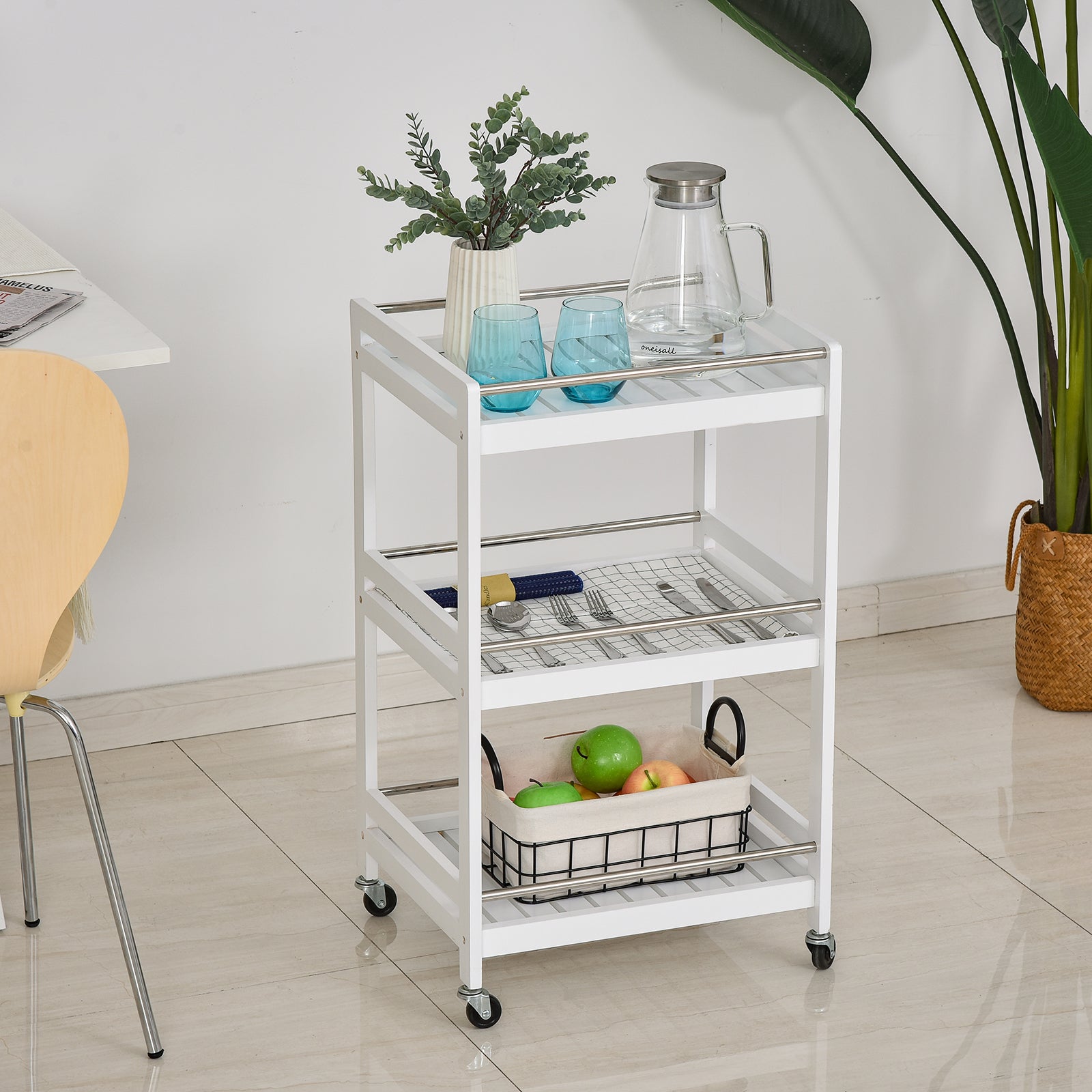 HOMCOM 3-Tier Home Trolley Kitchen Storage w/ Steel Bars 4 Wheels Rolling Unit Organiser Living Room White