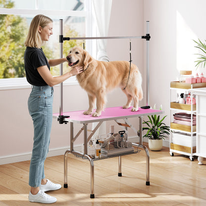 PawHut 42" Dog Grooming Table, Adjustable Pet Cat Drying Beauty Table with 2 Loops Storage Basket, Rubber Top, Pink