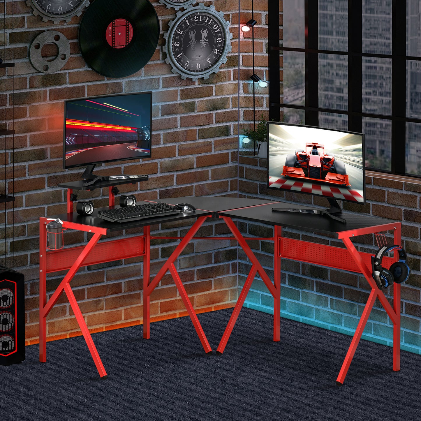 HOMCOM Gaming Desk L-Shaped Corner Computer Table for Home Office PC Workstations with Adjustable Monitor Stand , Red