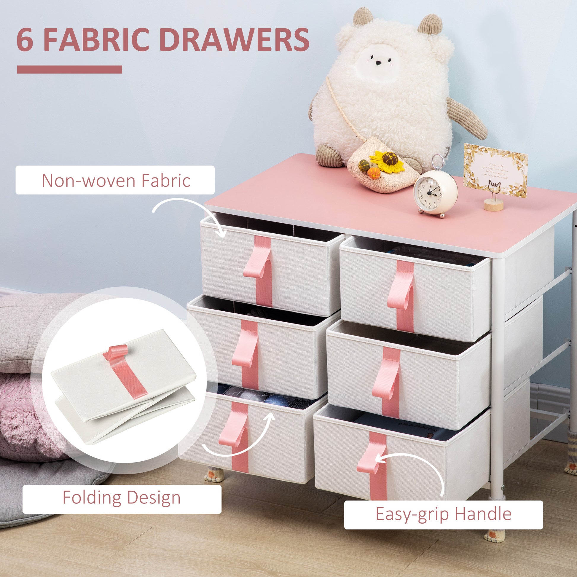 HOMCOM Chest of Drawers, Cloth Organizer Unit with 6 Fabric Drawers, Metal Frame and Wooden Top, Storage Cabinet for Kids Room, Living Room, Pink