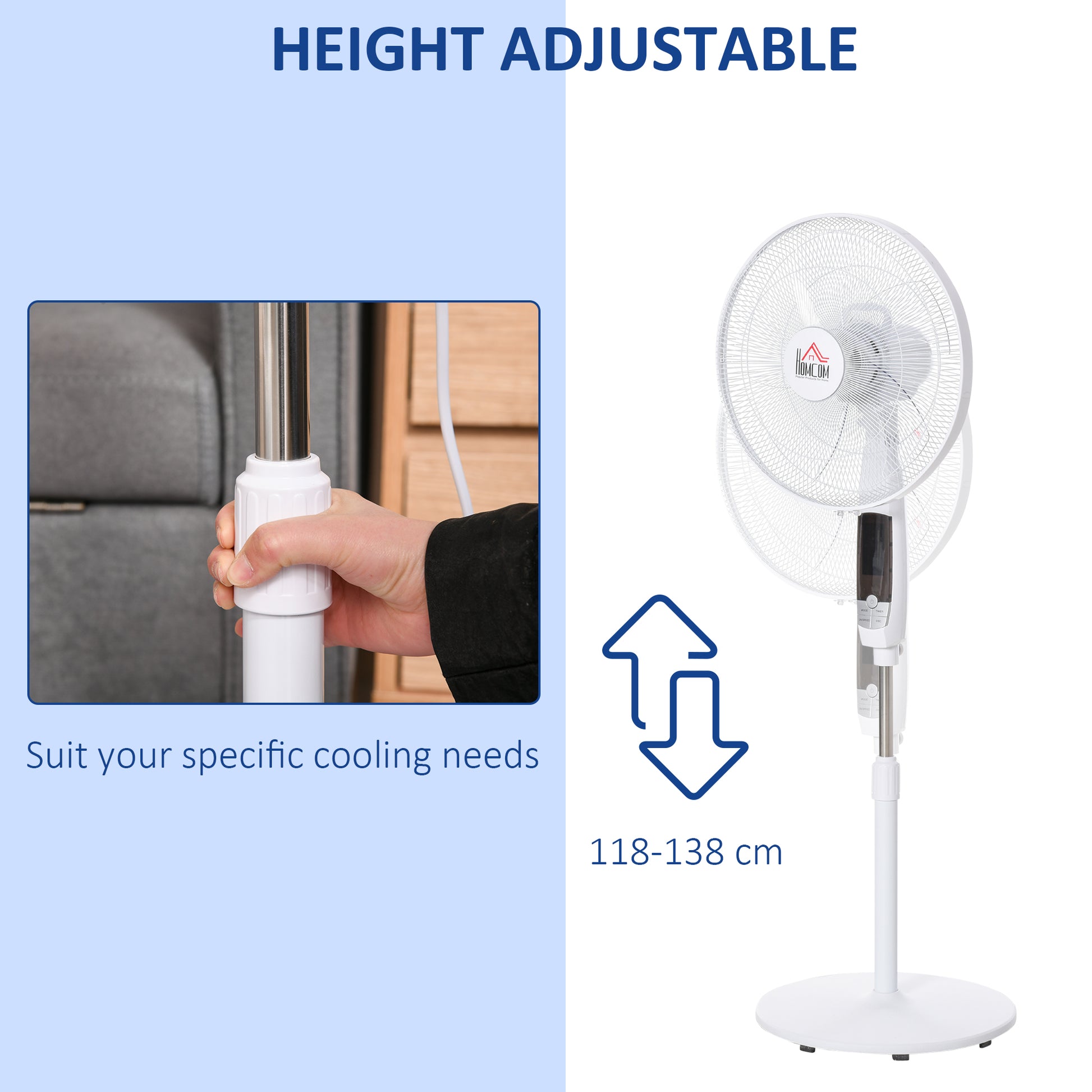 HOMCOM 54'' Pedestal Stand Fan, 3 Speed 3 Mode, 85° Oscillation, LED Panel, 3M Remote Controller, Height Adjustable for Living Room, Black & White