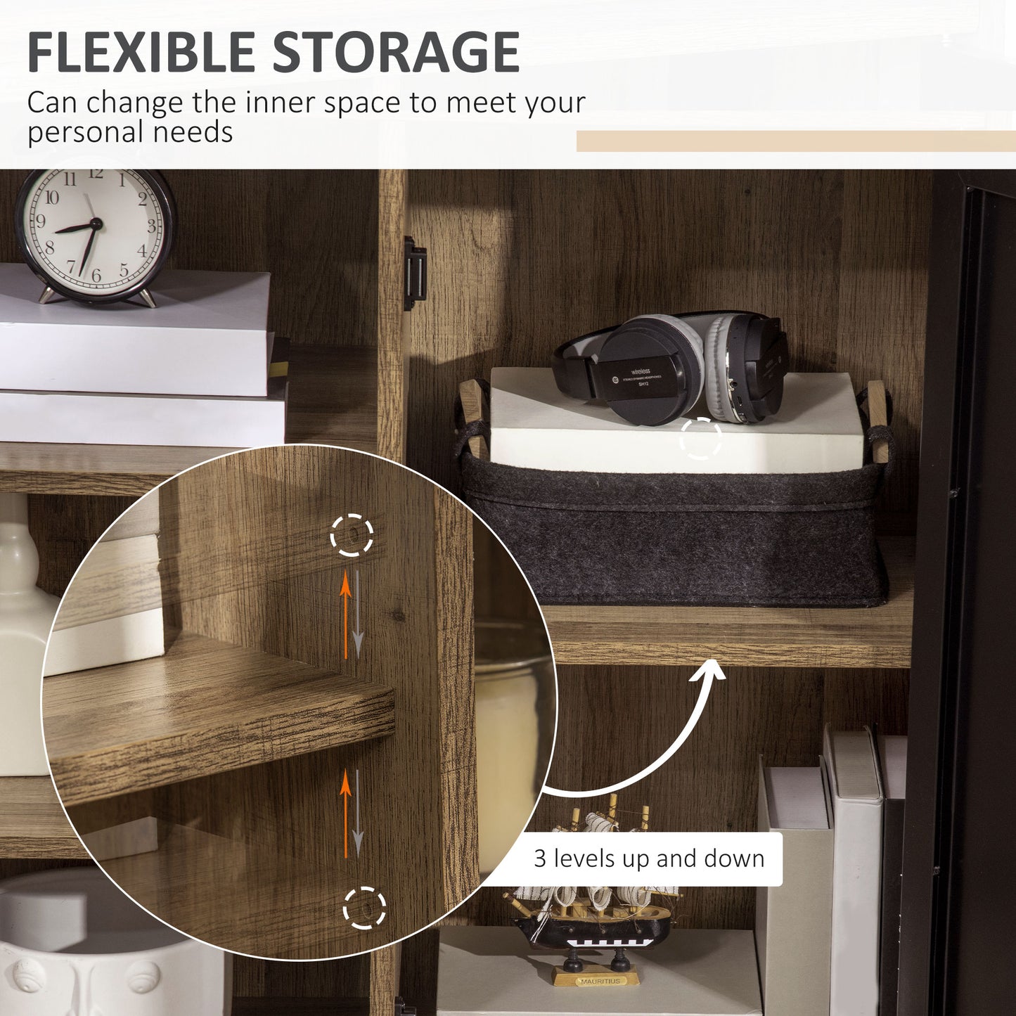 HOMCOM Cupboard Storage Cabinet with 3 Tiers and Steel Door, Home Organizer Sideboard with Adjustable Shelf for Dining Room, Living Room, Kitchen