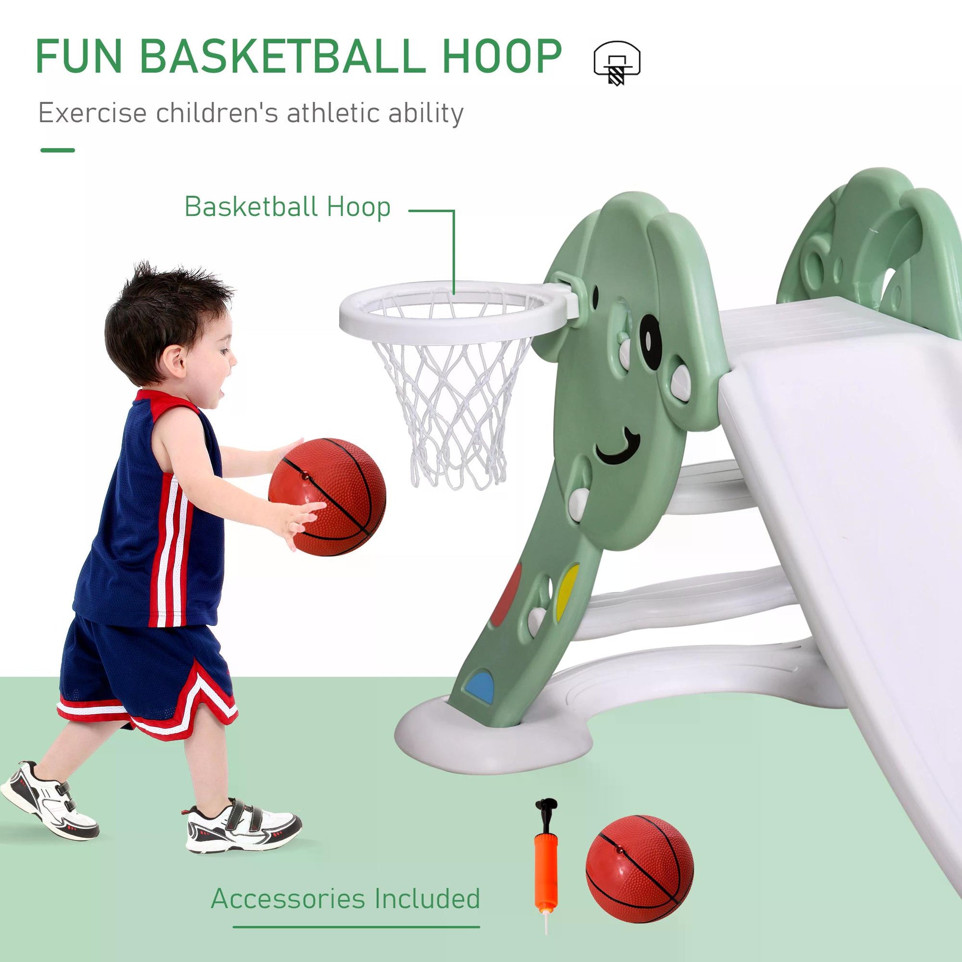 HOMCOM Kids Slide with Basketball Hoop Toddler Climber Freestanding Slider Playset Playground Slipping Slide for 2-6 Years Old Green