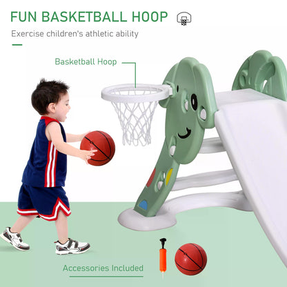 HOMCOM Kids Slide with Basketball Hoop Toddler Climber Freestanding Slider Playset Playground Slipping Slide for 2-6 Years Old Green