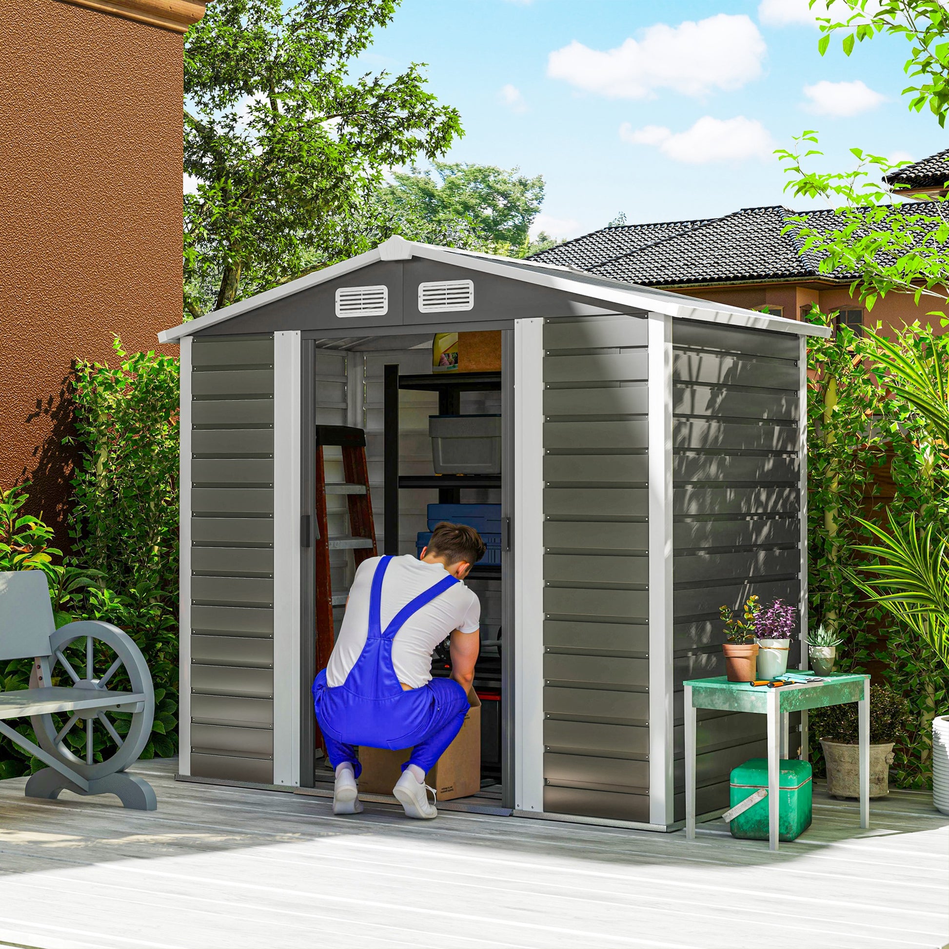 Outsunny 7 x 4ft Garden Shed, Easy to Assemble, Upgraded Galvanised Steel Frame with Foundation Kit, Double Doors with Lock, Outdoor Metal Shed with Vents and Gloves, Garden Storage Shed, Dark Grey