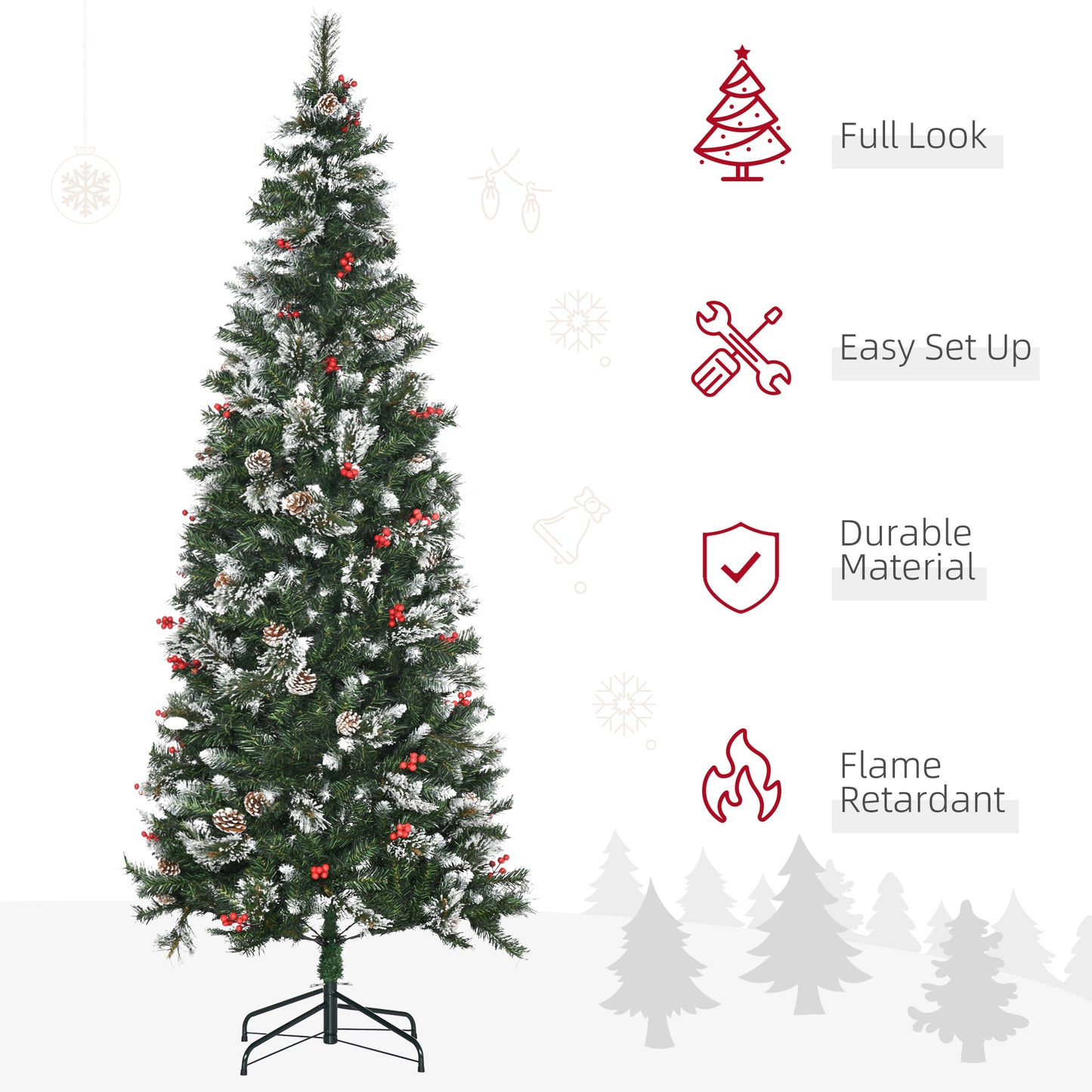 HOMCOM 7 Foot Snow Dipped Artificial Christmas Tree Slim Pencil Xmas Tree with 738 Realistic Branches, Pine Cones, Red Berries, Auto Open, Green