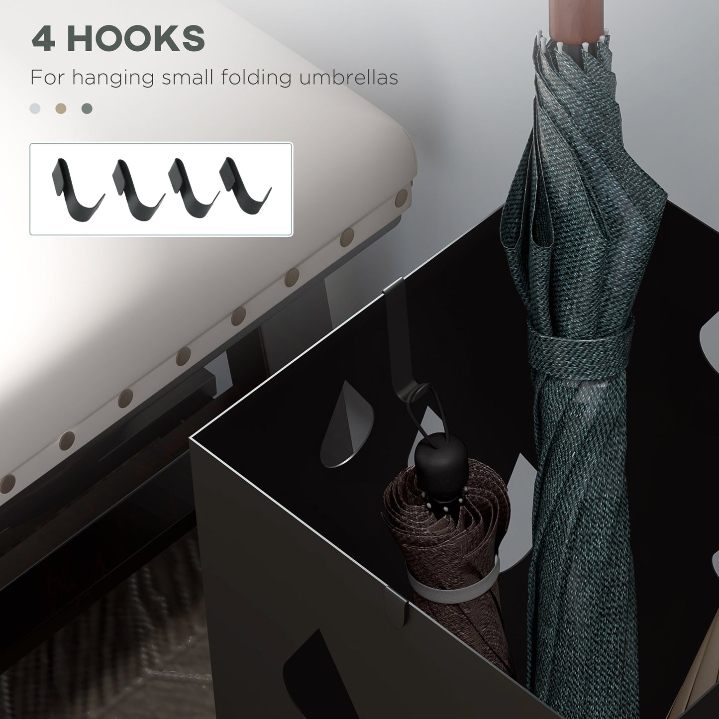 HOMCOM Freestanding Umbrella Stand for Hallway, Square Umbrella Basket with 4 Hooks and Drip Tray for Entryway, Dark Grey