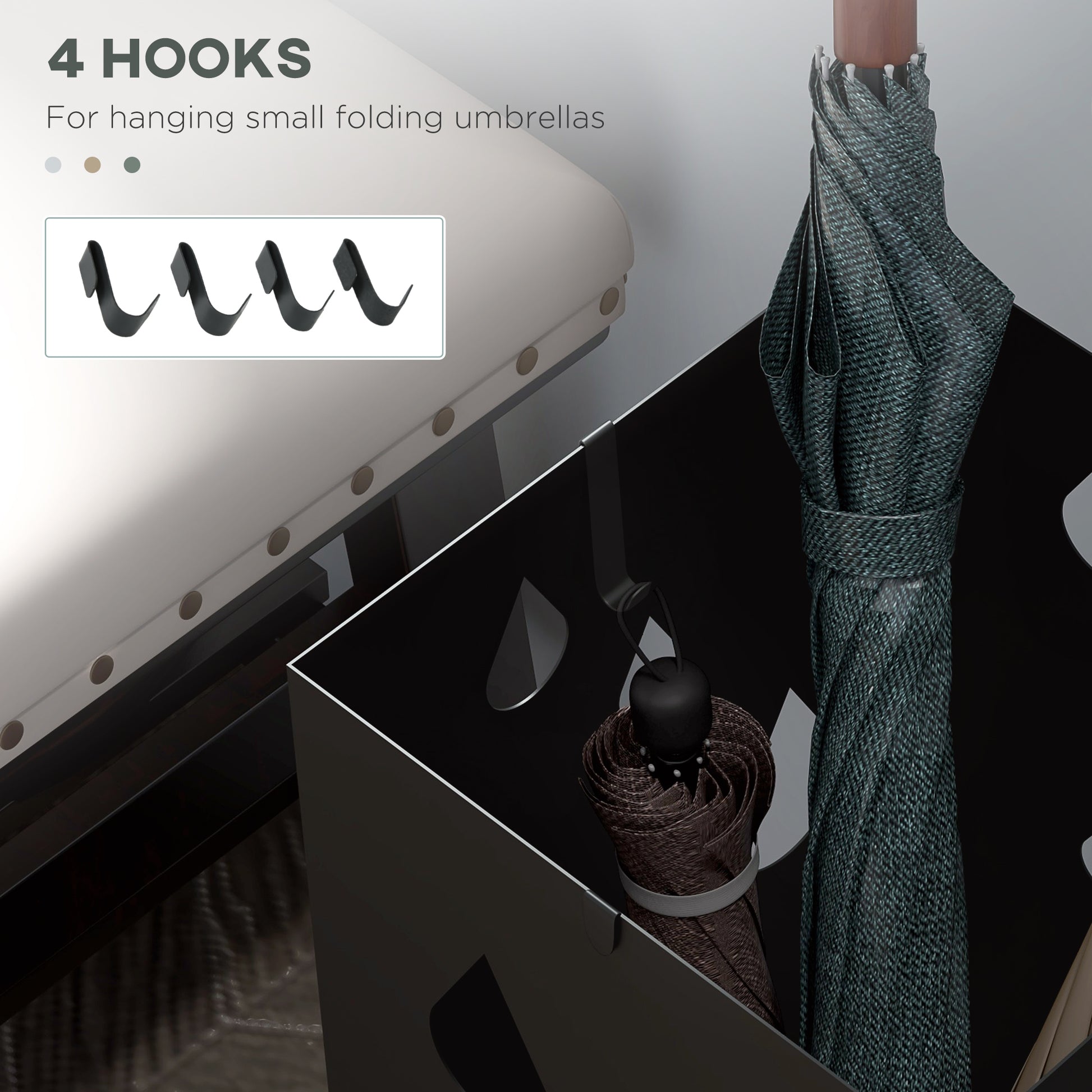 HOMCOM Freestanding Umbrella Stand for Hallway, Square Umbrella Basket with 4 Hooks and Drip Tray for Entryway, Dark Grey