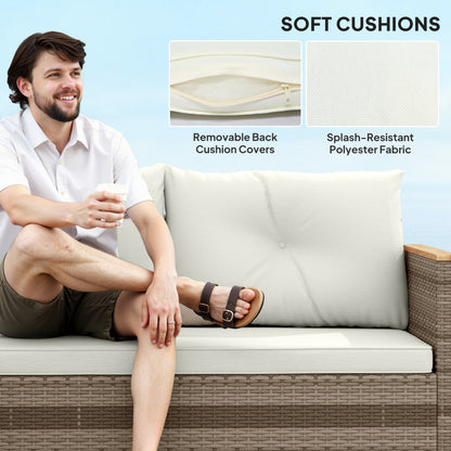 Outsunny 3 Pieces Rattan Garden Furniture Set, L Shaped Garden Conversation Chaise Lounge Furniture with Wood Top Coffee Table and Thick Cushions, Cream