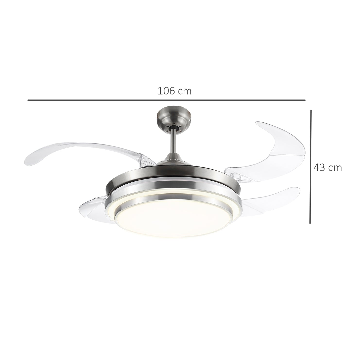 HOMCOM Indoor Ceiling Fan with Light, Retractable Blades, Modern Mount Dimmable LED Lighting Fan with Remote Controller, for Bedroom, Living Room