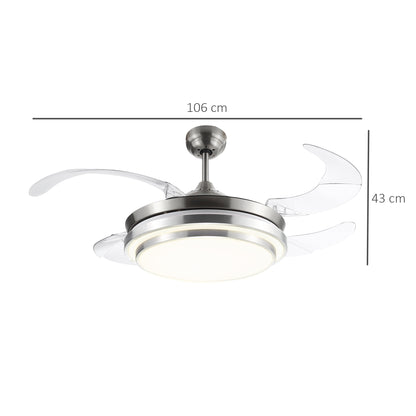 HOMCOM Indoor Ceiling Fan with Light, Retractable Blades, Modern Mount Dimmable LED Lighting Fan with Remote Controller, for Bedroom, Living Room