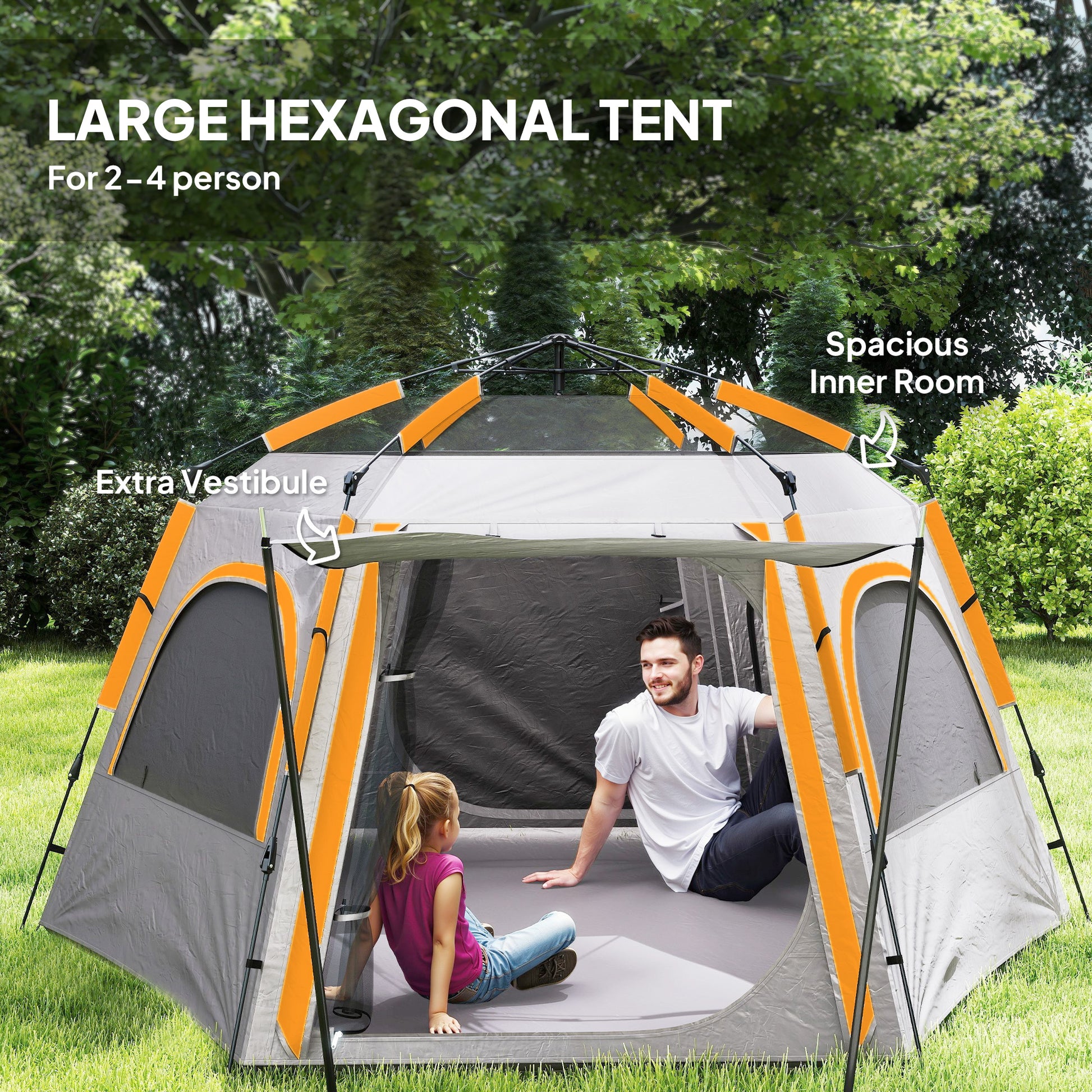 Outsunny Instant Camping Tent, 2/3/4 Person Easy Setup Dome Family Tent with Vestibule, Rainfly, 4 Mesh Windows & 2 Doors, Hexagonal Design, Waterproof & UV Protected, Light Grey
