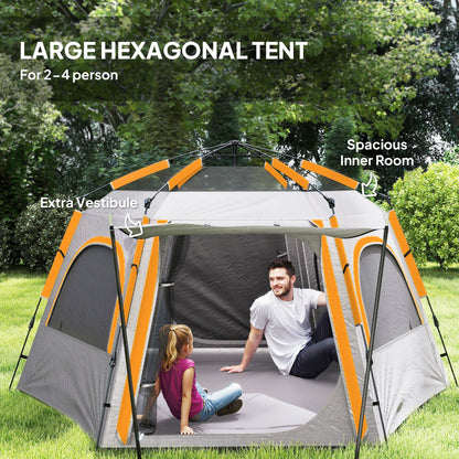 Outsunny Instant Camping Tent, 2/3/4 Person Easy Setup Dome Family Tent with Vestibule, Rainfly, 4 Mesh Windows & 2 Doors, Hexagonal Design, Waterproof & UV Protected, Light Grey