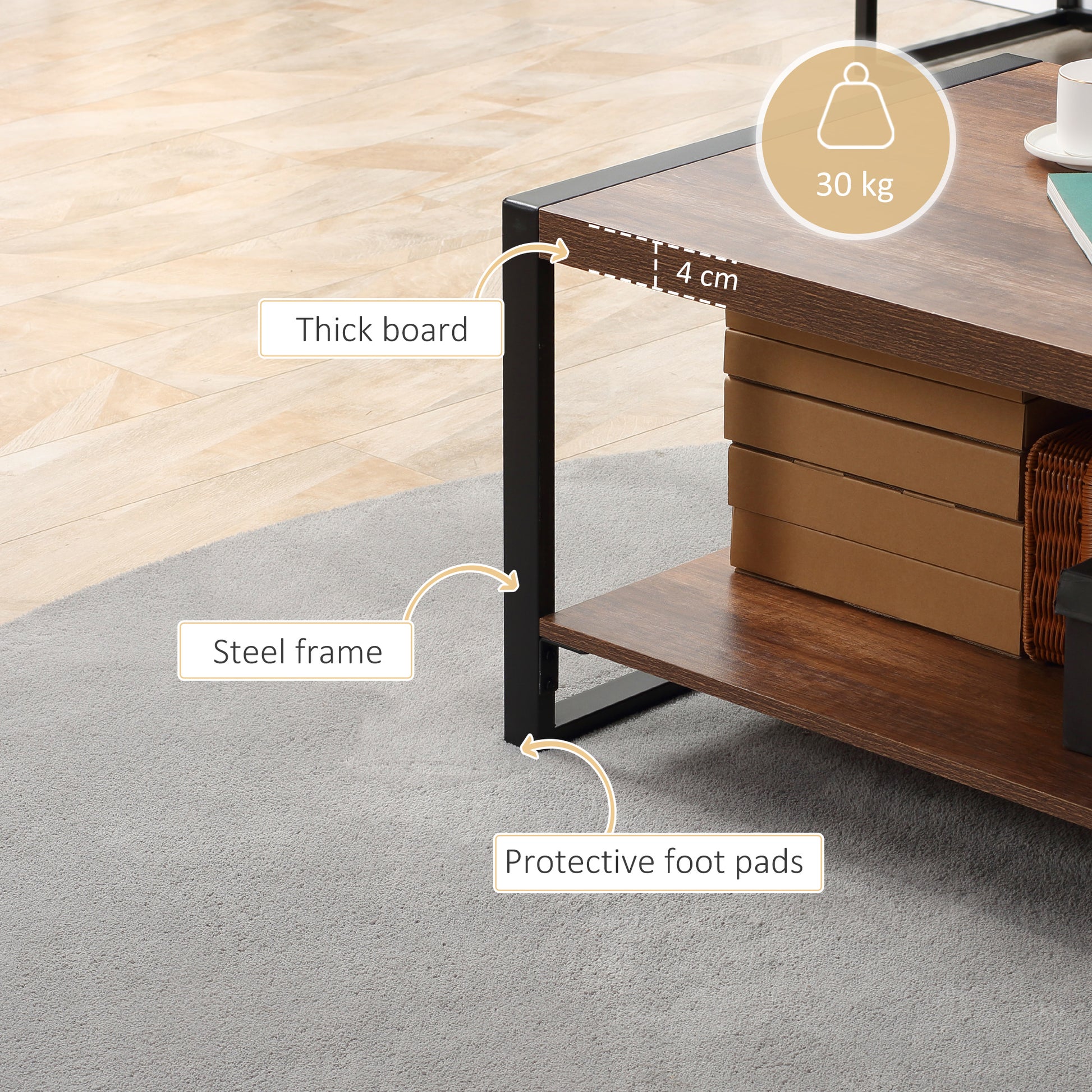 HOMCOM Industrial Coffee Table with Shelf and Steel Frame for Living Room,120cmx60cmx45cm, Natural