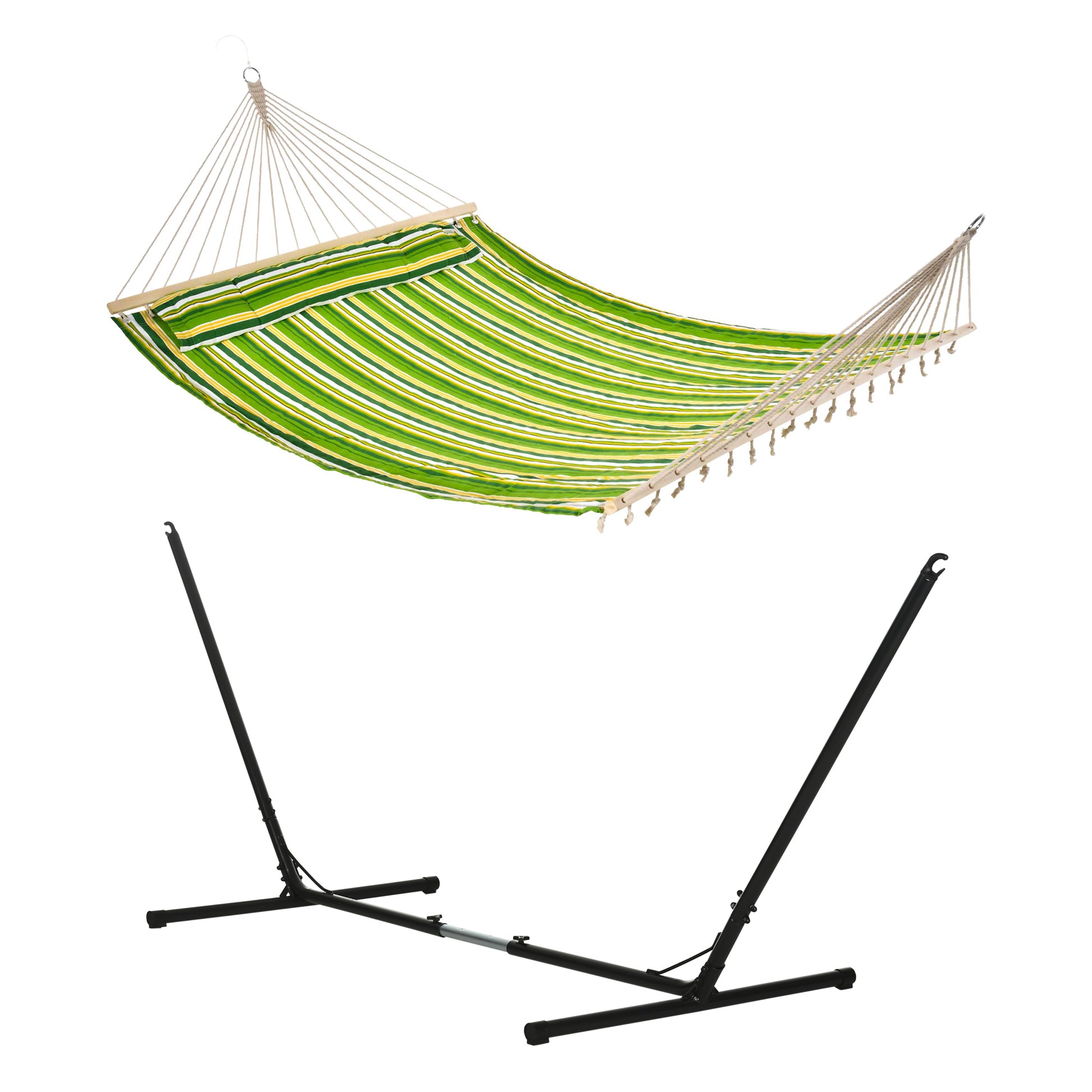 Outsunny Outdoor Garden Hammock with Stand, Double Cotton Hammock with Adjustable Steel Frame, Swing Hanging Bed with Pillow, for Garden, Patio, Beach, Green Stripes